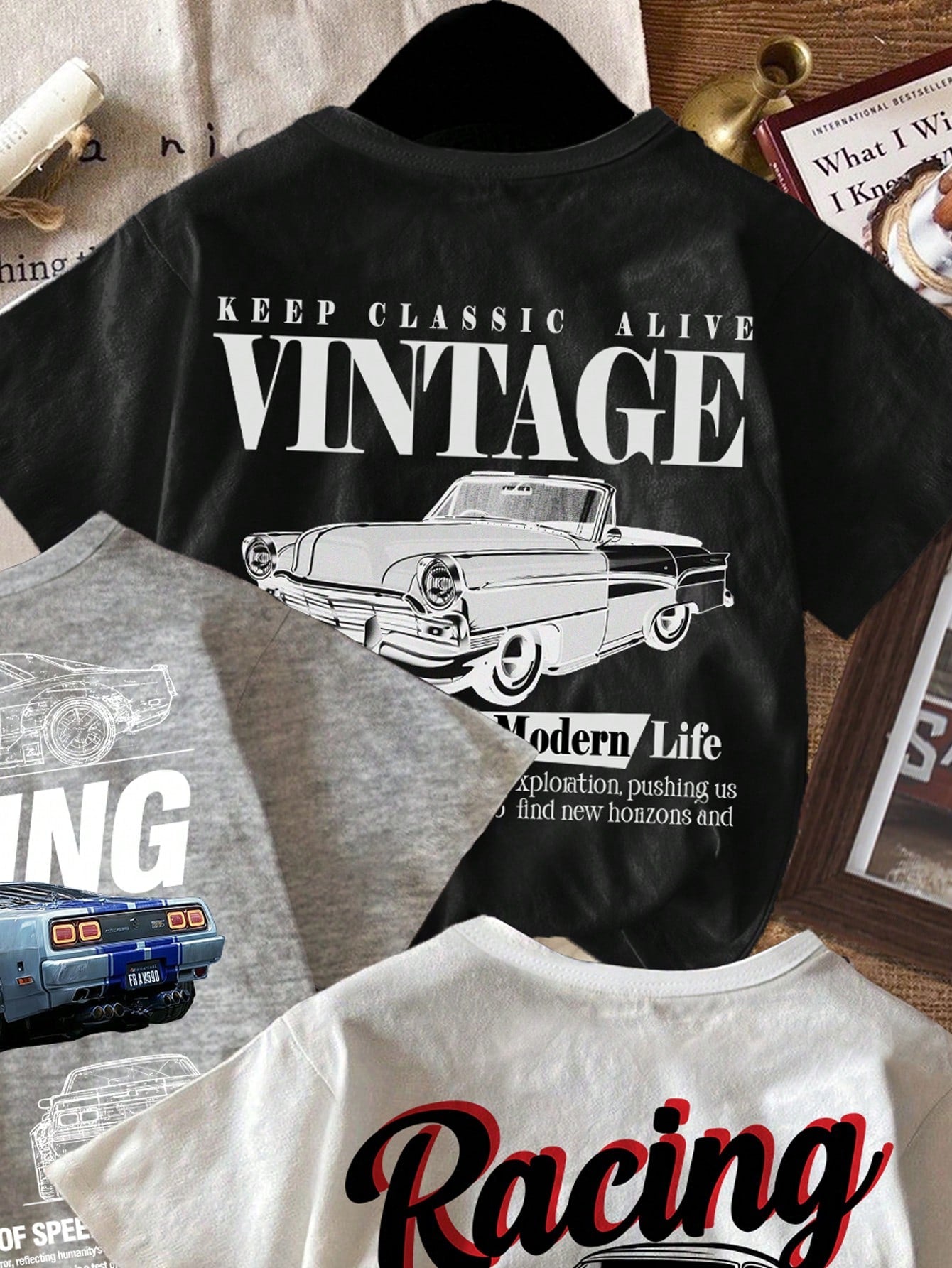 3pcs/Set Baby Boy Retro Car Graphic T-Shirts,White And Red,Summer,Street Life Casual Graphic Street Fashion,Carrer Day,Back-To-School Y2K Loose Tops