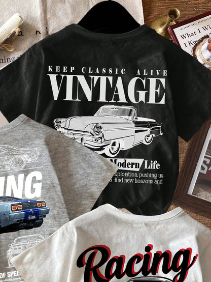 3pcs/Set Baby Boy Retro Car Graphic T-Shirts,White And Red,Summer,Street Life Casual Graphic Street Fashion,Carrer Day,Back-To-School Y2K Loose Tops