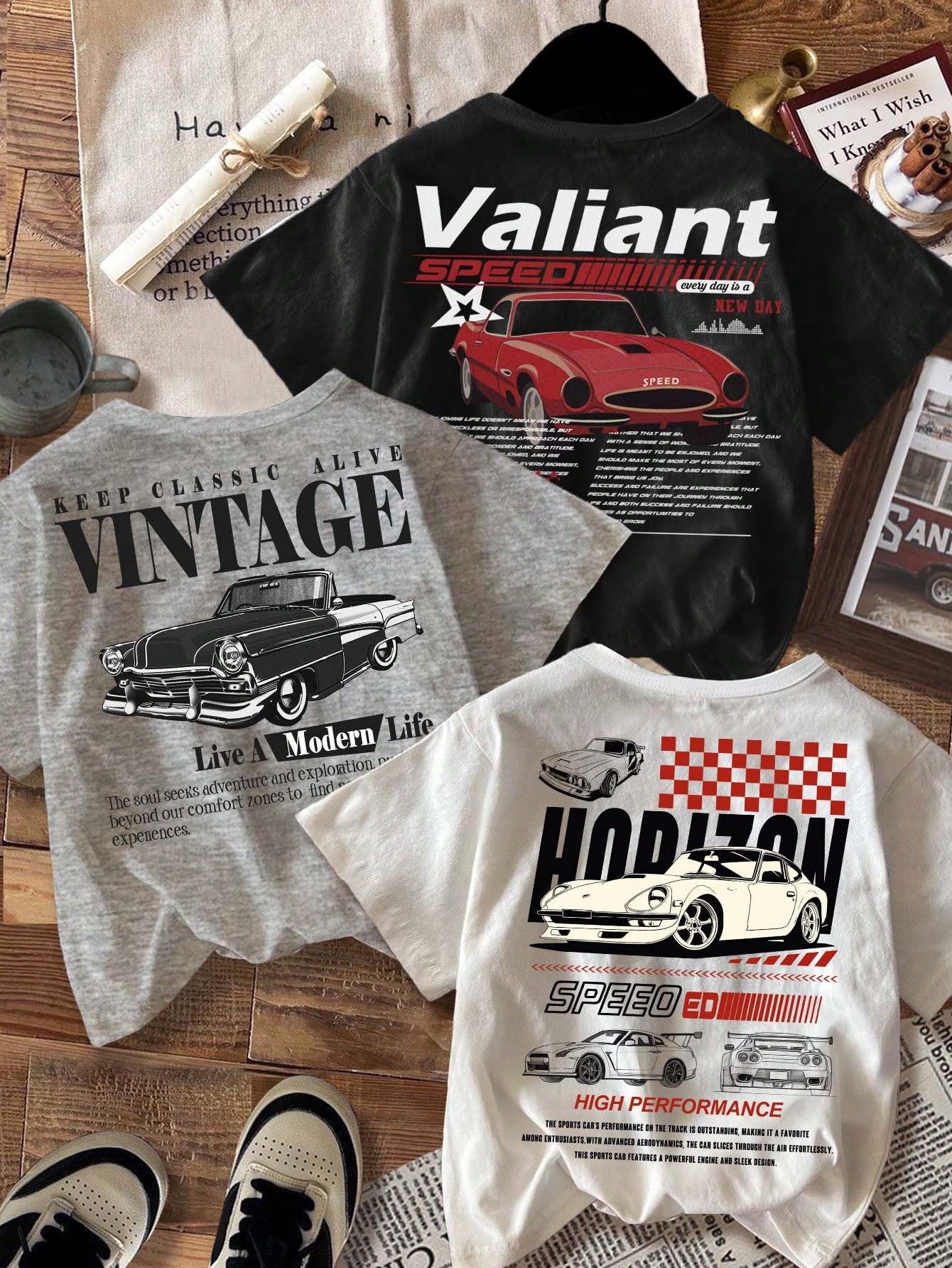 3pcs/Set Baby Boy Retro Car Graphic T-Shirts,White And Red,Summer,Street Life Casual Graphic Street Fashion,Carrer Day,Back-To-School Y2K Loose Tops