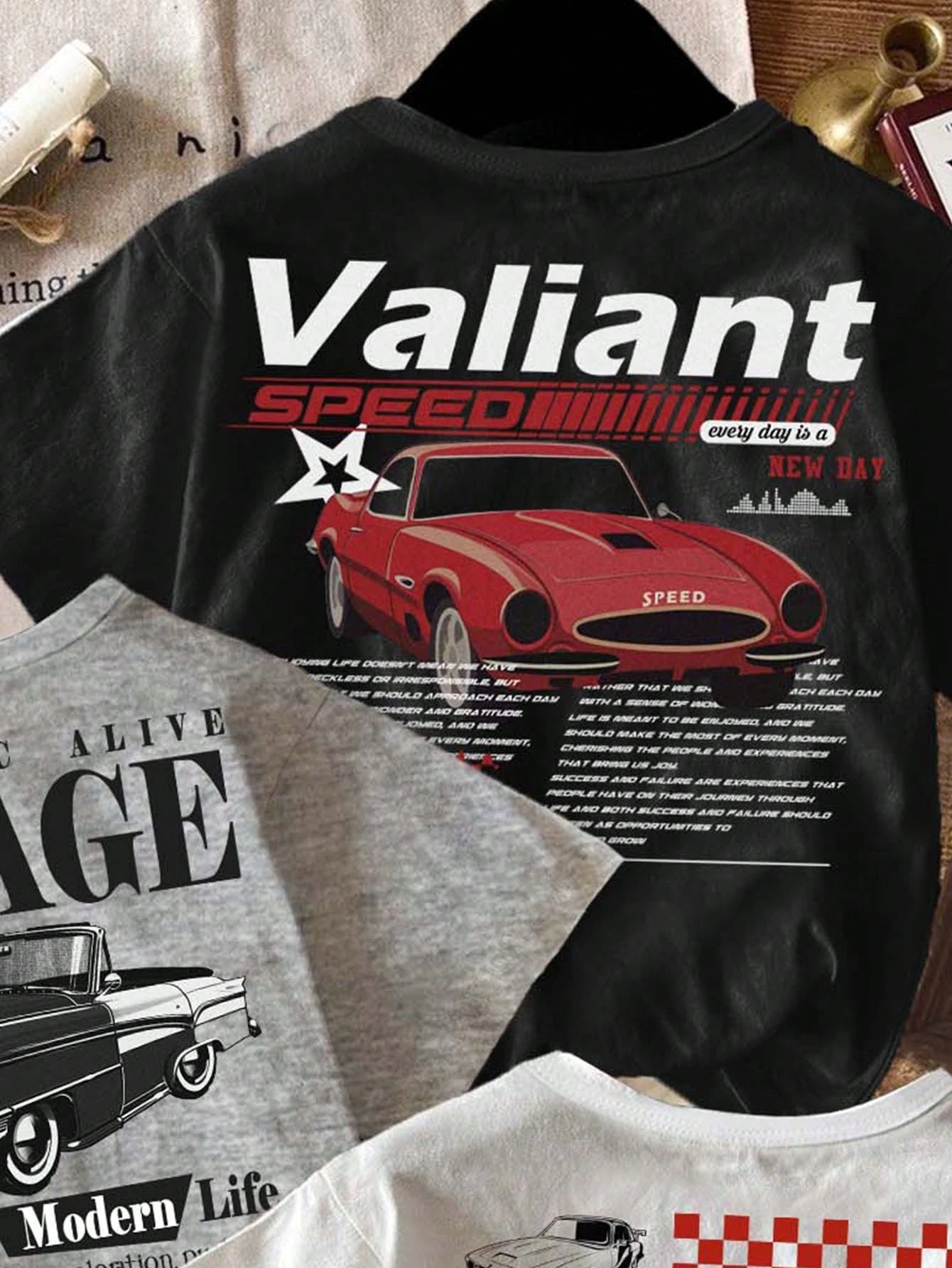 3pcs/Set Baby Boy Retro Car Graphic T-Shirts,White And Red,Summer,Street Life Casual Graphic Street Fashion,Carrer Day,Back-To-School Y2K Loose Tops