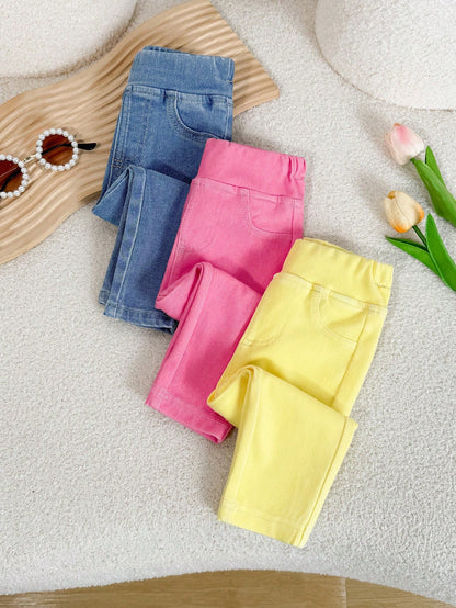 3pcs/Set Baby Girl Playful Cute Soft Pink Yellow Blue Knitted Denim Stretch Skinny Jeans, Fall/Winter, Back-To-School