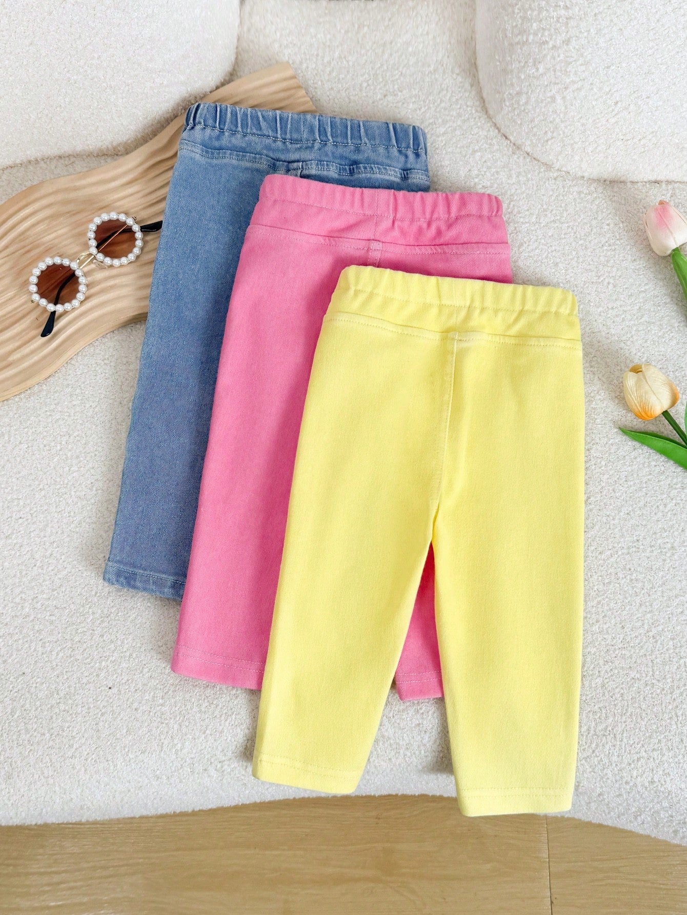 3pcs/Set Baby Girl Playful Cute Soft Pink Yellow Blue Knitted Denim Stretch Skinny Jeans, Fall/Winter, Back-To-School