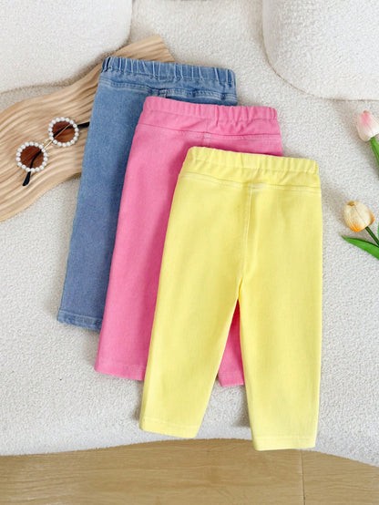 3pcs/Set Baby Girl Playful Cute Soft Pink Yellow Blue Knitted Denim Stretch Skinny Jeans, Fall/Winter, Back-To-School