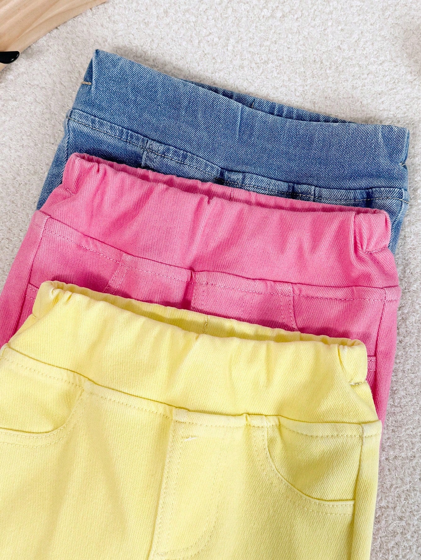 3pcs/Set Baby Girl Playful Cute Soft Pink Yellow Blue Knitted Denim Stretch Skinny Jeans, Fall/Winter, Back-To-School