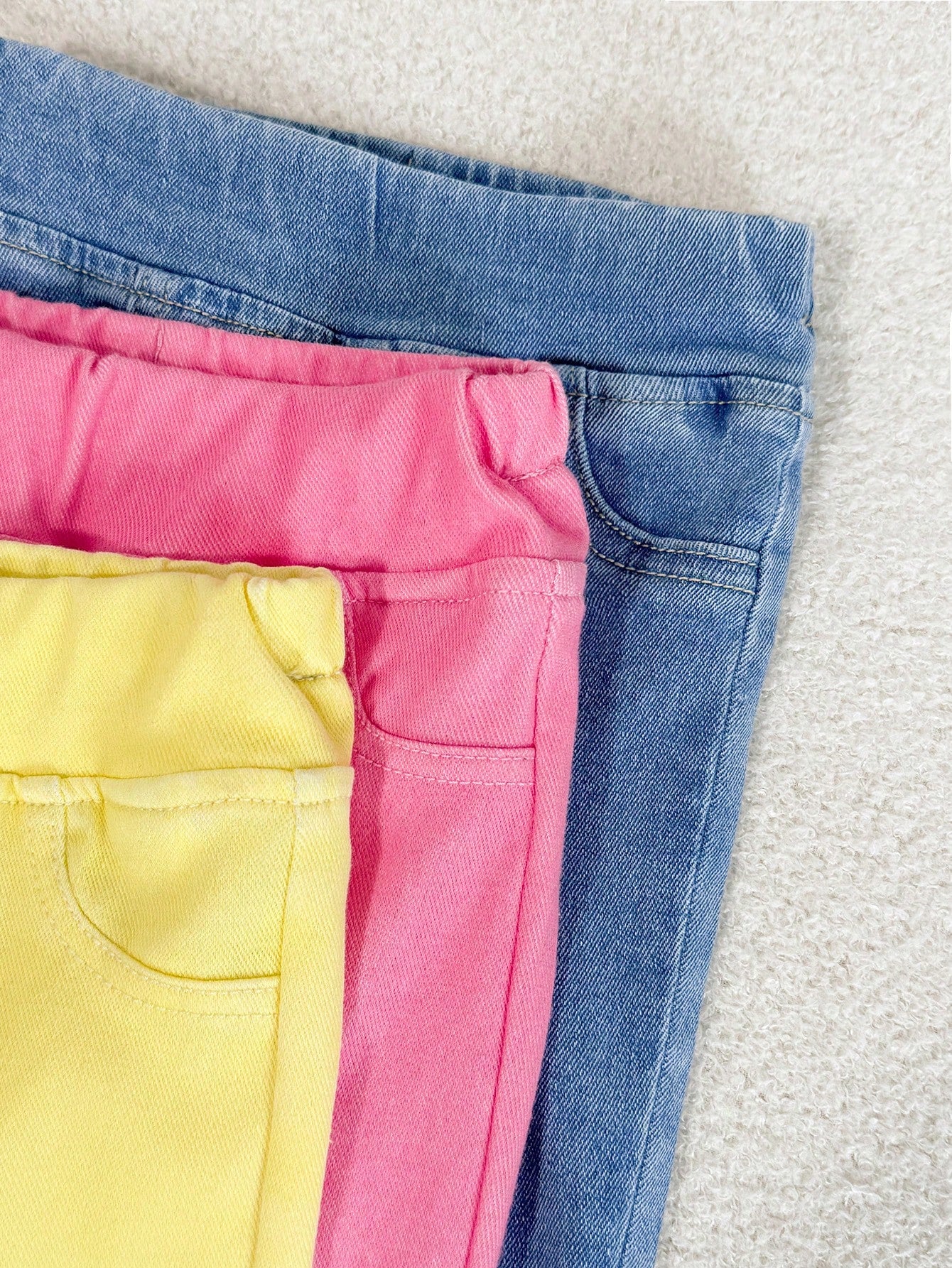 3pcs/Set Baby Girl Playful Cute Soft Pink Yellow Blue Knitted Denim Stretch Skinny Jeans, Fall/Winter, Back-To-School