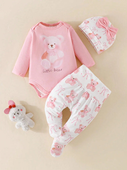 3pcs/Set Baby Girls' Spring/Autumn Cute Bear Print Long Sleeve Bodysuit, With Bow Hat & Pants, Soft & Comfy Occasion Outfit Fall Winter