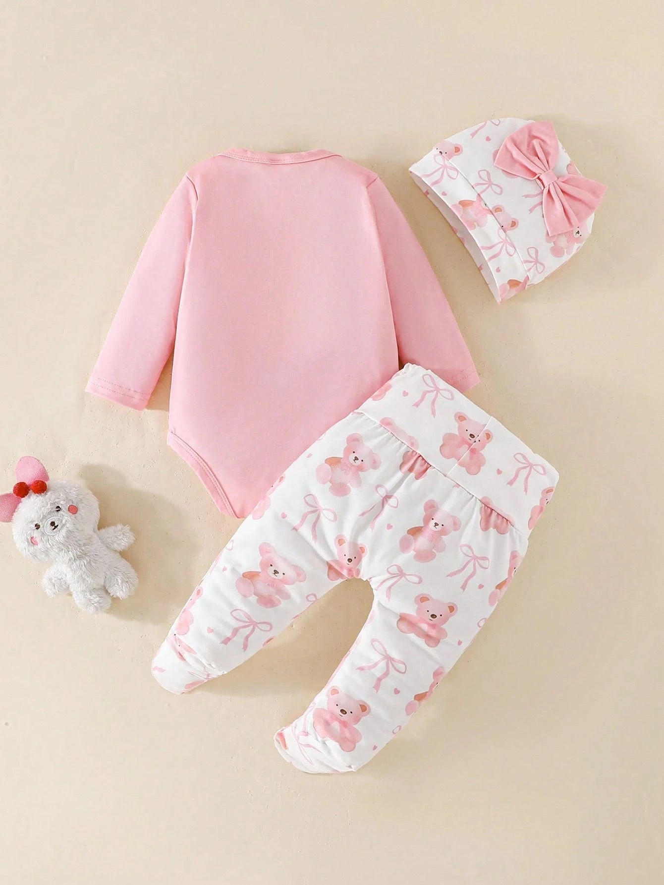 3pcs/Set Baby Girls' Spring/Autumn Cute Bear Print Long Sleeve Bodysuit, With Bow Hat & Pants, Soft & Comfy Occasion Outfit Fall Winter