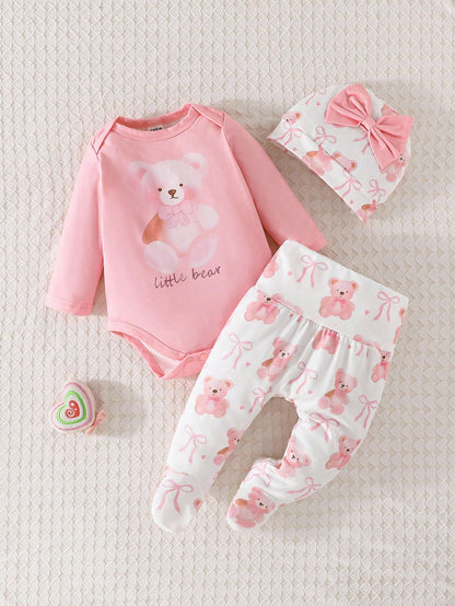 3pcs/Set Baby Girls' Spring/Autumn Cute Bear Print Long Sleeve Bodysuit, With Bow Hat & Pants, Soft & Comfy Occasion Outfit Fall Winter