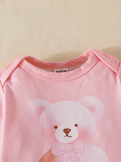 3pcs/Set Baby Girls' Spring/Autumn Cute Bear Print Long Sleeve Bodysuit, With Bow Hat & Pants, Soft & Comfy Occasion Outfit Fall Winter