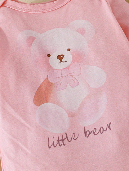 3pcs/Set Baby Girls' Spring/Autumn Cute Bear Print Long Sleeve Bodysuit, With Bow Hat & Pants, Soft & Comfy Occasion Outfit Fall Winter