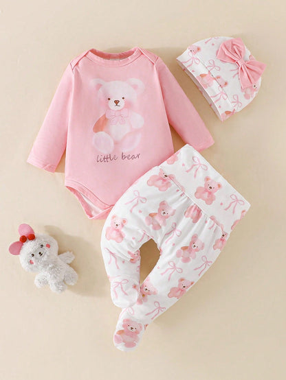 3pcs/Set Baby Girls' Spring/Autumn Cute Bear Print Long Sleeve Bodysuit, With Bow Hat & Pants, Soft & Comfy Occasion Outfit Fall Winter