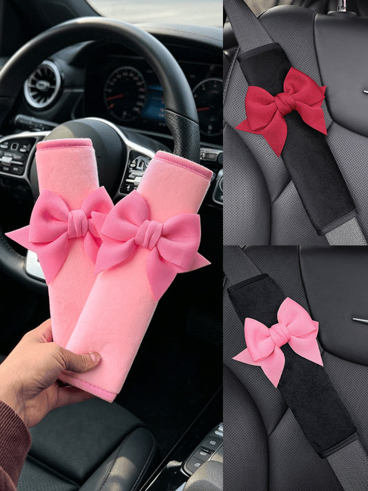 3pcs/Set Cute Bowknot Soft Plush Car Safety Belt Shoulder Pads, Universal Vehicle Interior Decor Accessories, Anti-Scratch Comfortable Shoulder Strap Covers, Suitable For Women And Girls, Available In