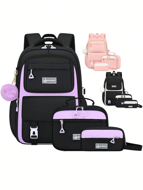 3pcs/Set- Large Capacity Girl's Backpack. Student Bag With Lunch Box Pocket And Pencil Case. Backpack For School. Simple 15.6-Inch School Laptop Backpack. Bookbag. Outdoor Travel Bag With Plush Ball