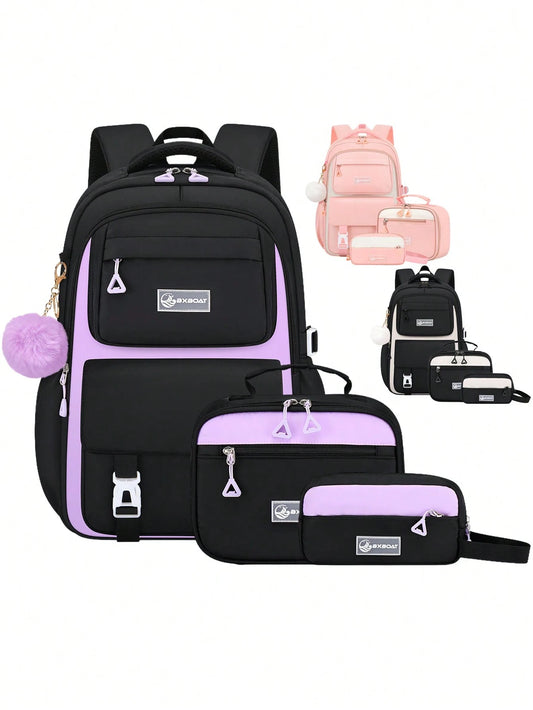 3pcs/Set- Large Capacity Girl's Backpack. Student Bag With Lunch Box Pocket And Pencil Case. Backpack For School. Simple 15.6-Inch School Laptop Backpack. Bookbag. Outdoor Travel Bag With Plush Ball