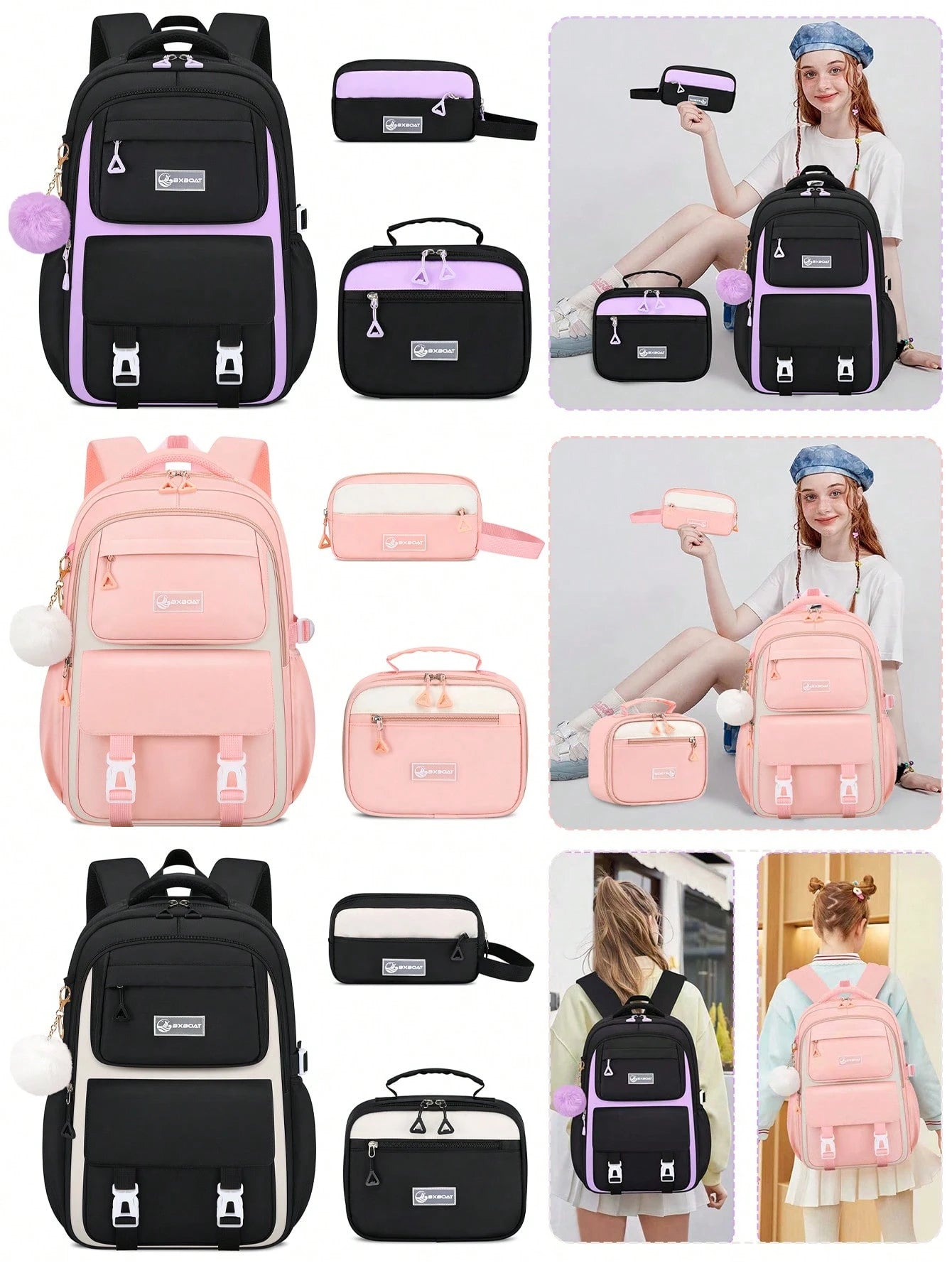 3pcs/Set- Large Capacity Girl's Backpack. Student Bag With Lunch Box Pocket And Pencil Case. Backpack For School. Simple 15.6-Inch School Laptop Backpack. Bookbag. Outdoor Travel Bag With Plush Ball