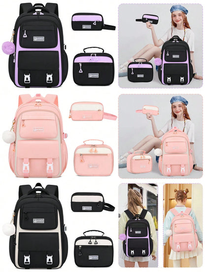 3pcs/Set- Large Capacity Girl's Backpack. Student Bag With Lunch Box Pocket And Pencil Case. Backpack For School. Simple 15.6-Inch School Laptop Backpack. Bookbag. Outdoor Travel Bag With Plush Ball