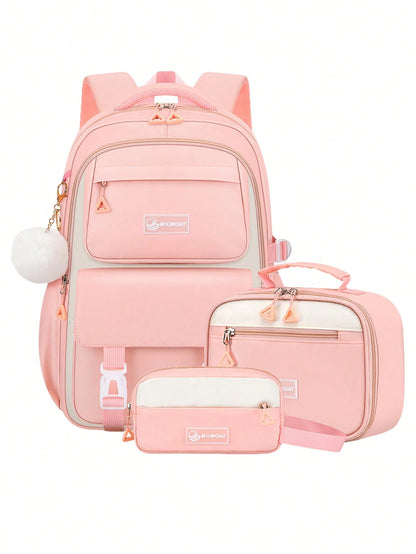3pcs/Set- Large Capacity Girl's Backpack. Student Bag With Lunch Box Pocket And Pencil Case. Backpack For School. Simple 15.6-Inch School Laptop Backpack. Bookbag. Outdoor Travel Bag With Plush Ball