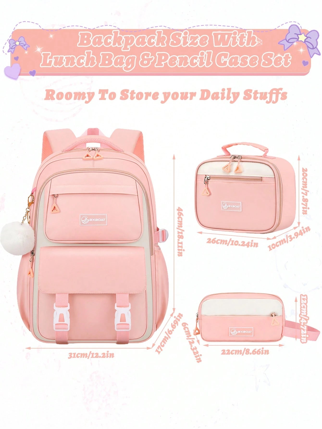 3pcs/Set- Large Capacity Girl's Backpack. Student Bag With Lunch Box Pocket And Pencil Case. Backpack For School. Simple 15.6-Inch School Laptop Backpack. Bookbag. Outdoor Travel Bag With Plush Ball