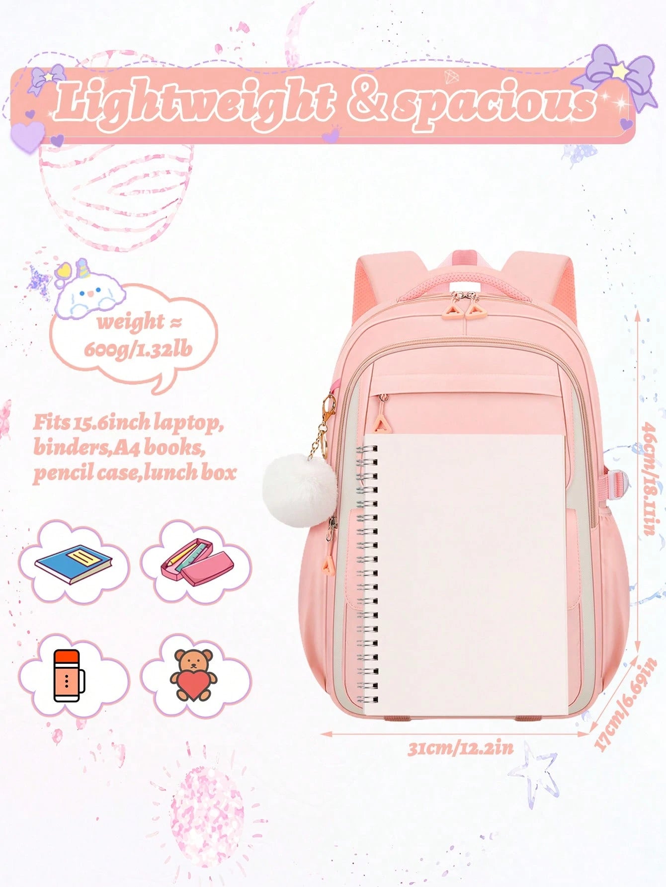 3pcs/Set- Large Capacity Girl's Backpack. Student Bag With Lunch Box Pocket And Pencil Case. Backpack For School. Simple 15.6-Inch School Laptop Backpack. Bookbag. Outdoor Travel Bag With Plush Ball