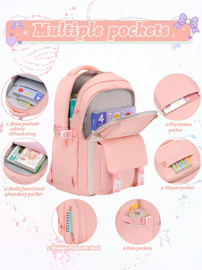 3pcs/Set- Large Capacity Girl's Backpack. Student Bag With Lunch Box Pocket And Pencil Case. Backpack For School. Simple 15.6-Inch School Laptop Backpack. Bookbag. Outdoor Travel Bag With Plush Ball