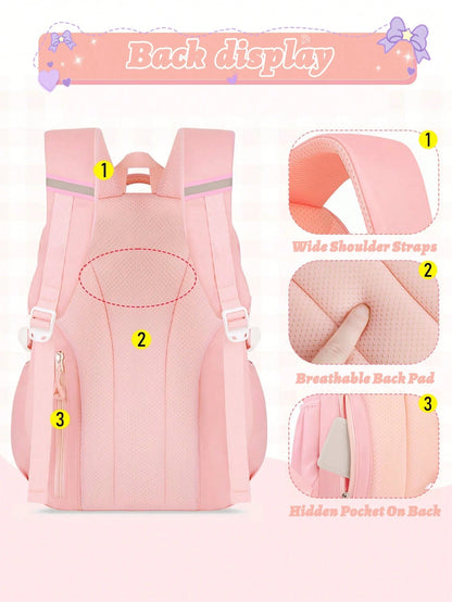 3pcs/Set- Large Capacity Girl's Backpack. Student Bag With Lunch Box Pocket And Pencil Case. Backpack For School. Simple 15.6-Inch School Laptop Backpack. Bookbag. Outdoor Travel Bag With Plush Ball