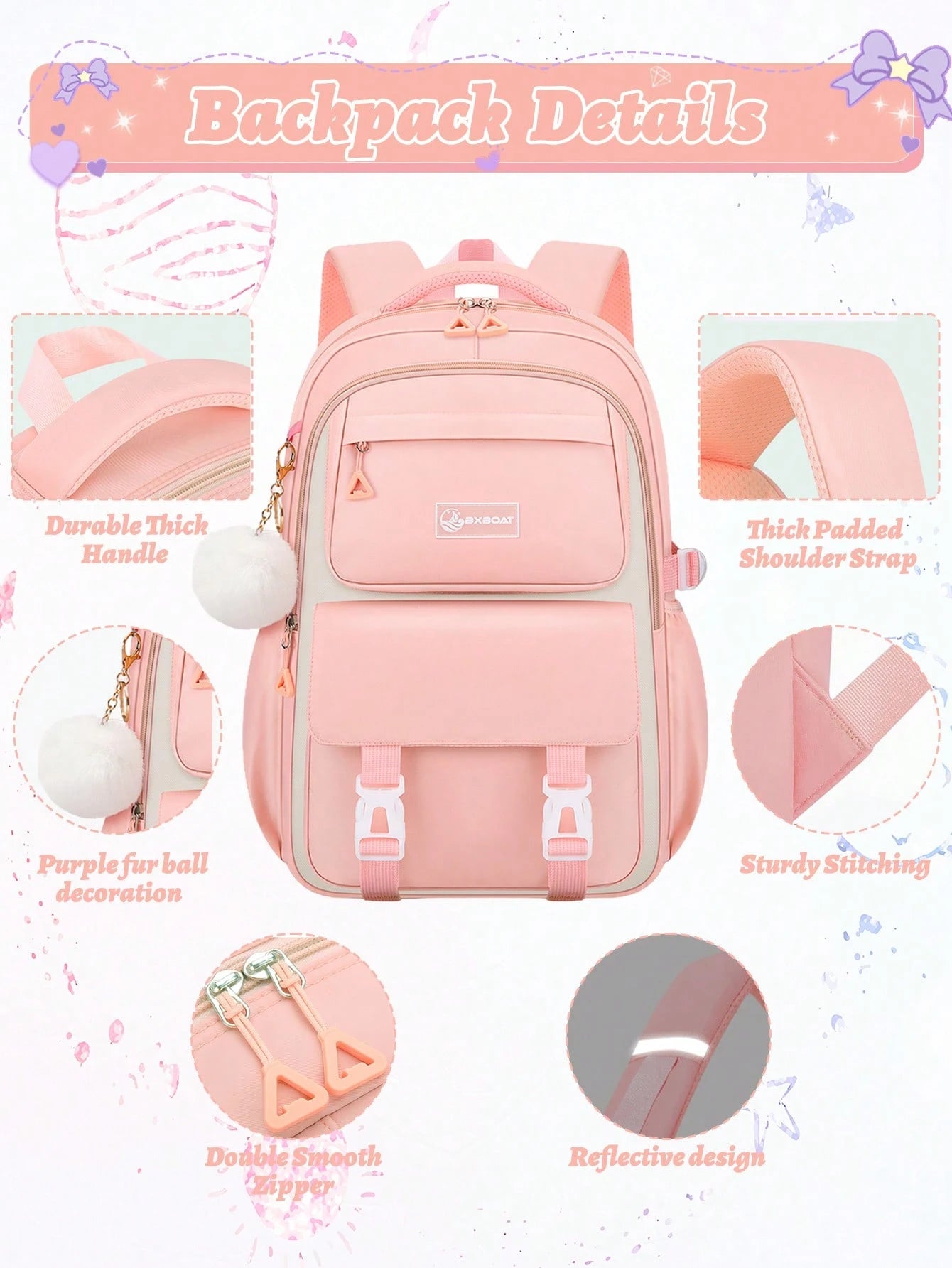 3pcs/Set- Large Capacity Girl's Backpack. Student Bag With Lunch Box Pocket And Pencil Case. Backpack For School. Simple 15.6-Inch School Laptop Backpack. Bookbag. Outdoor Travel Bag With Plush Ball