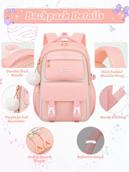 3pcs/Set- Large Capacity Girl's Backpack. Student Bag With Lunch Box Pocket And Pencil Case. Backpack For School. Simple 15.6-Inch School Laptop Backpack. Bookbag. Outdoor Travel Bag With Plush Ball