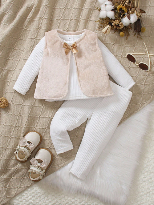 3pcs/Set Toddler Girls Plush Warm Bow Decor Vest,White Crew Neck T-Shirt,And Pants Outfit,Cute Soft Matching Family Style For Autumn Winter Wear