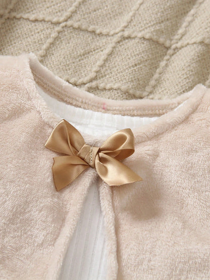 3pcs/Set Toddler Girls Plush Warm Bow Decor Vest,White Crew Neck T-Shirt,And Pants Outfit,Cute Soft Matching Family Style For Autumn Winter Wear