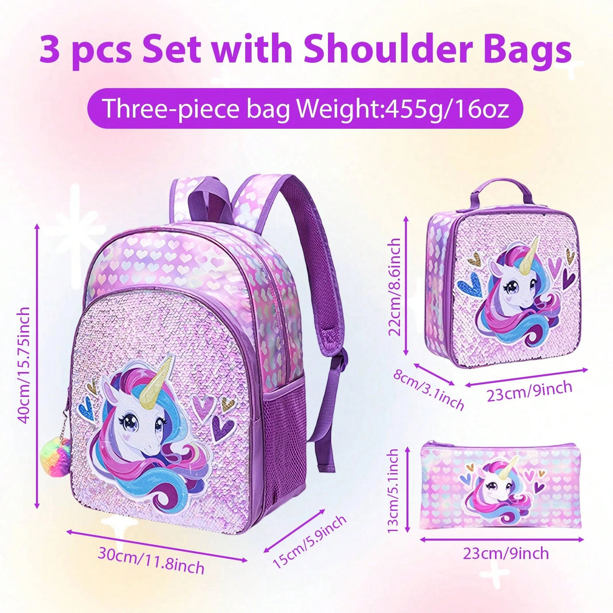 3pcs Unicorn Backpack, Lunch Bag, Pencil Case Three-Piece Set, Durable Material, Lightweight, Large Capacity, Multi-Pocket, School And Travel Homecoming Gift, Friend Gift, Homecoming, School, Outdoor