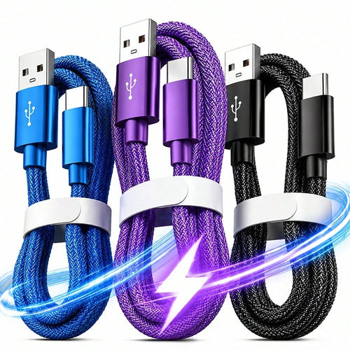 3pcs USB Type C Fast Charging Cable, 3.3ft/6.6ft/9.9ft, USB-A To USB-C Fast Charging Data Cable, Compatible With Android Phones, And Other Android Phones And Type-C Devices, Suitable For Travel/Office