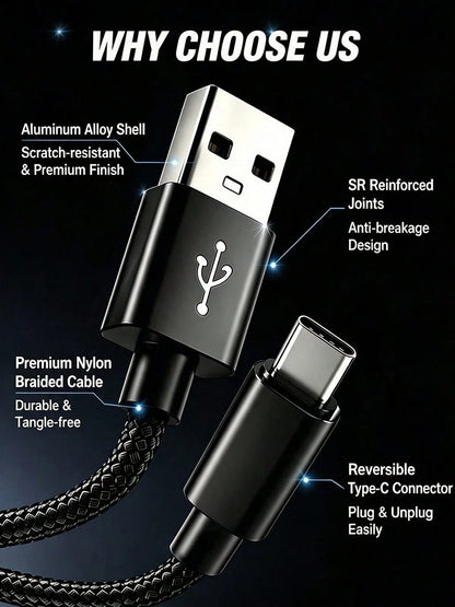 3pcs USB Type C Fast Charging Cable, 3.3ft/6.6ft/9.9ft, USB-A To USB-C Fast Charging Data Cable, Compatible With Android Phones, And Other Android Phones And Type-C Devices, Suitable For Travel/Office