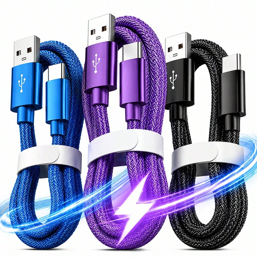 3pcs USB Type C Fast Charging Cable, 3.3ft/6.6ft/9.9ft, USB-A To USB-C Fast Charging Data Cable, Compatible With Android Phones, And Other Android Phones And Type-C Devices, Suitable For Travel/Office