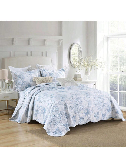 3PCS White Blue Plant Print Quilt Set Bedspread Cover Polyester Soft And Lightweight, With Two Pillowcases, Queen/KingSizs, Machine Washable, All Season