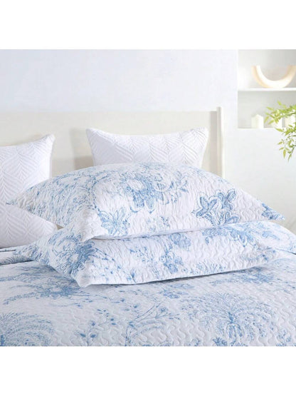 3PCS White Blue Plant Print Quilt Set Bedspread Cover Polyester Soft And Lightweight, With Two Pillowcases, Queen/KingSizs, Machine Washable, All Season