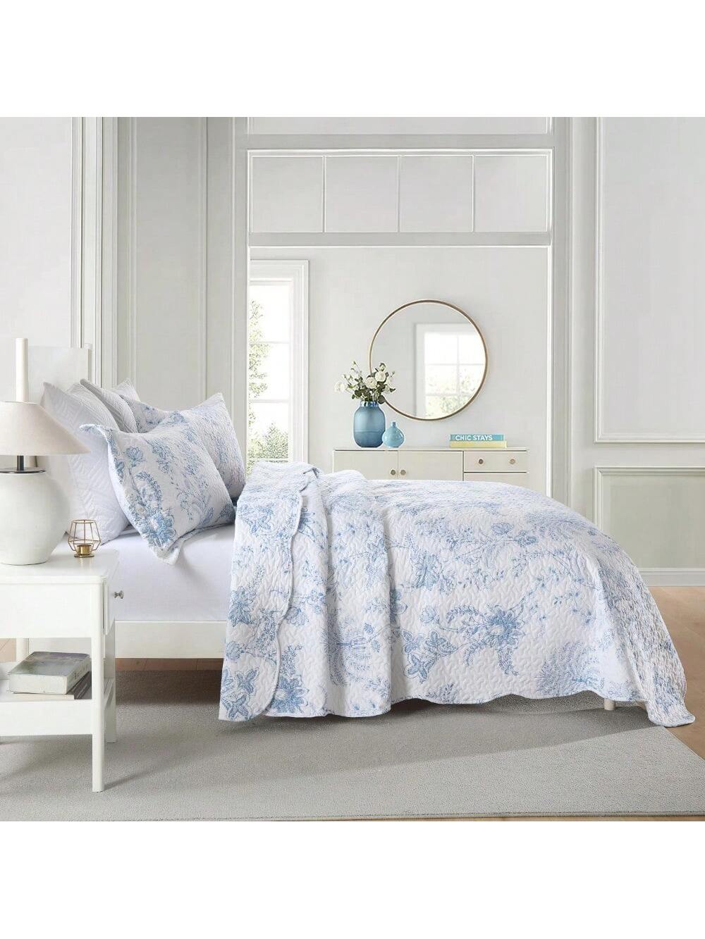 3PCS White Blue Plant Print Quilt Set Bedspread Cover Polyester Soft And Lightweight, With Two Pillowcases, Queen/KingSizs, Machine Washable, All Season