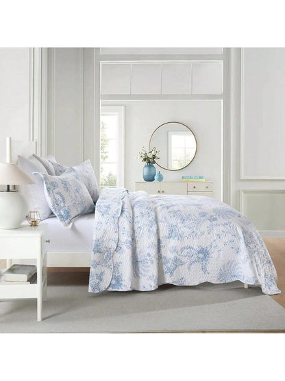 3PCS White Blue Plant Print Quilt Set Bedspread Cover Polyester Soft And Lightweight, With Two Pillowcases, Queen/KingSizs, Machine Washable, All Season