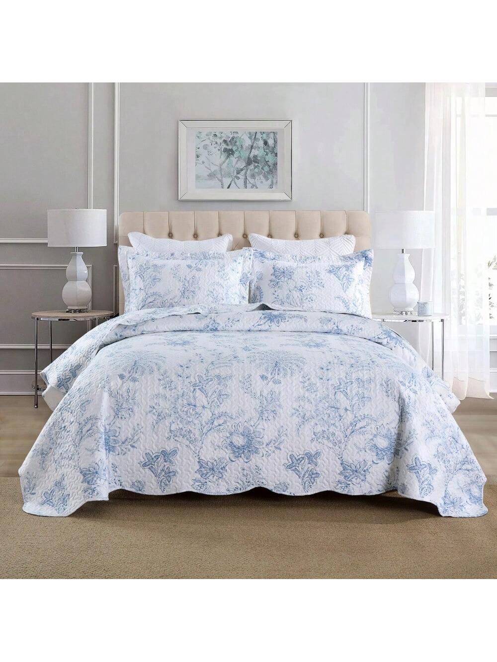 3PCS White Blue Plant Print Quilt Set Bedspread Cover Polyester Soft And Lightweight, With Two Pillowcases, Queen/KingSizs, Machine Washable, All Season