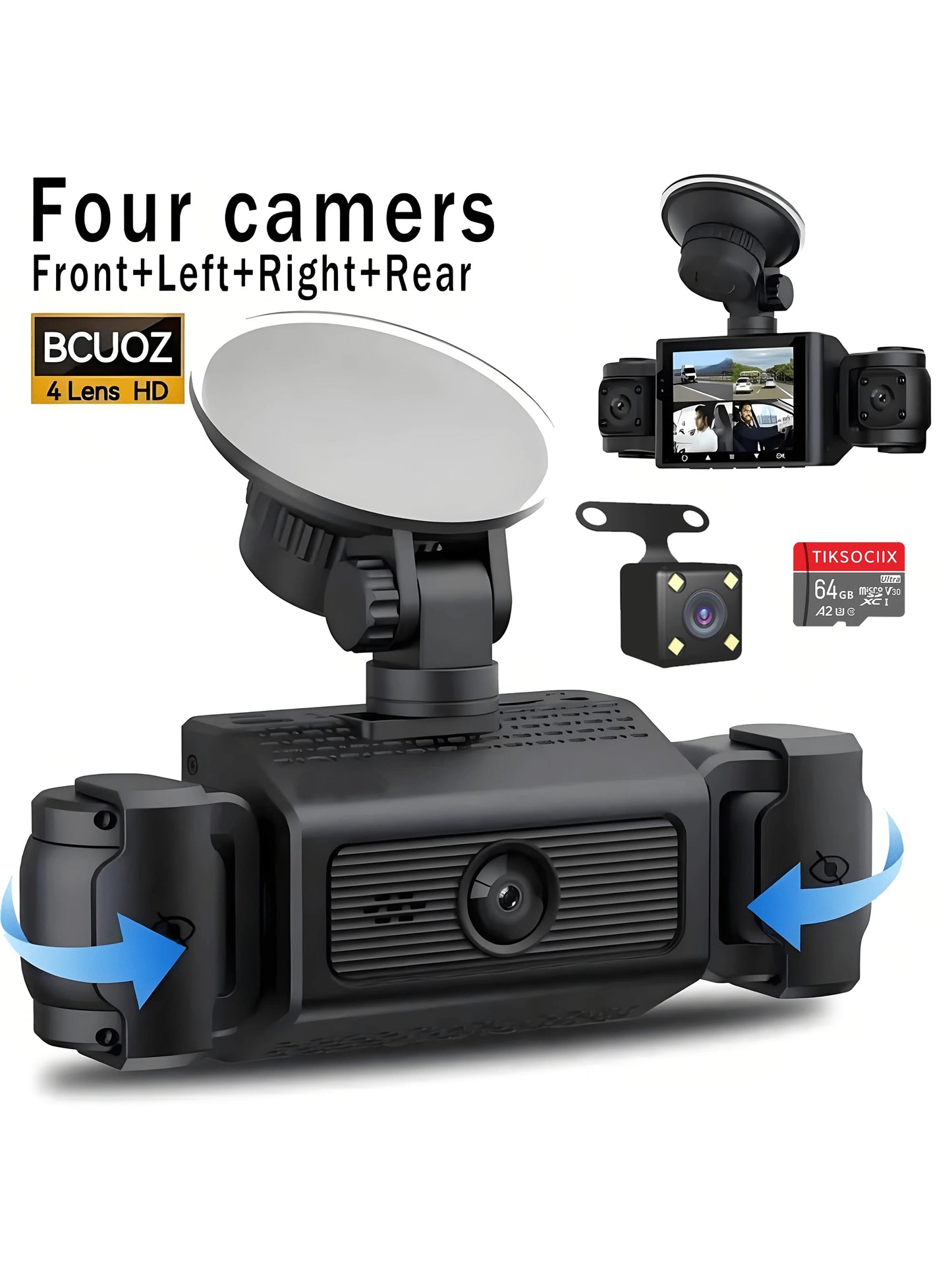 4 Channel 1080P Dash Cam With Night Vision, Adjustable Lens, Loop Recording, 24-Hour Parking Monitor, Car Plug Power Supply, 5V Operating Voltage, Non-Waterproof, Rechargeable Battery, Includes 64GB C