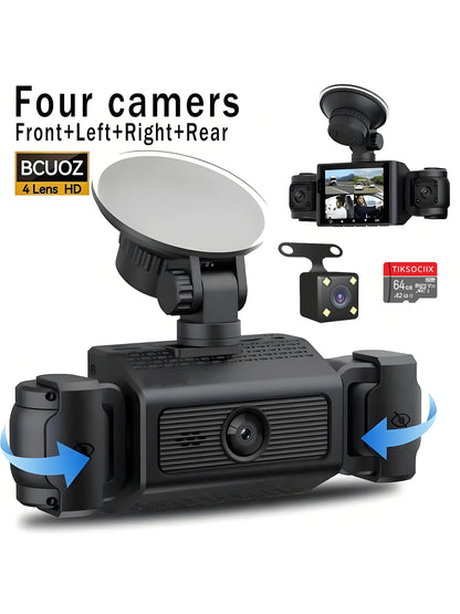 4 Channel 1080P Dash Cam With Night Vision, Adjustable Lens, Loop Recording, 24-Hour Parking Monitor, Car Plug Power Supply, 5V Operating Voltage, Non-Waterproof, Rechargeable Battery, Includes 64GB C