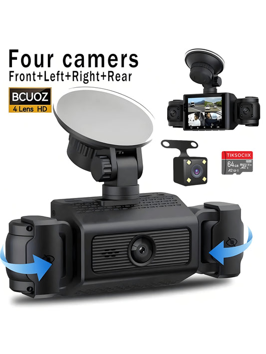 4 Channel 1080P Dash Cam With Night Vision, Adjustable Lens, Loop Recording, 24-Hour Parking Monitor, Car Plug Power Supply, 5V Operating Voltage, Non-Waterproof, Rechargeable Battery, Includes 64GB C