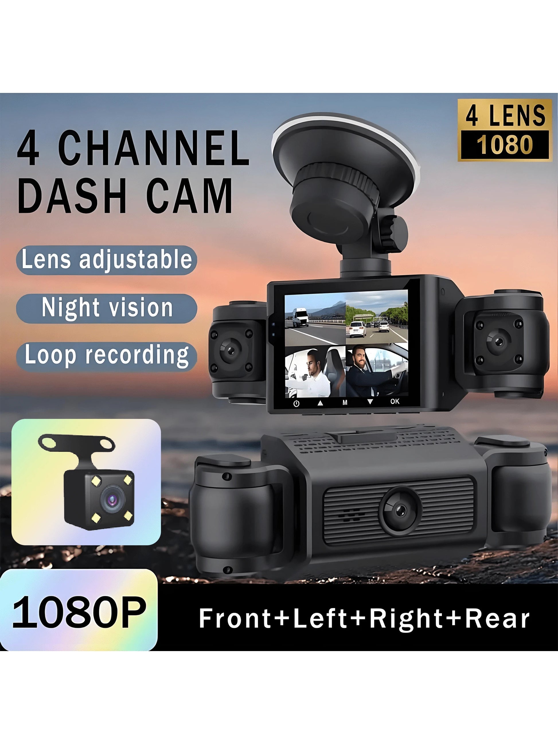 4 Channel 1080P Dash Cam With Night Vision, Adjustable Lens, Loop Recording, 24-Hour Parking Monitor, Car Plug Power Supply, 5V Operating Voltage, Non-Waterproof, Rechargeable Battery, Includes 64GB C