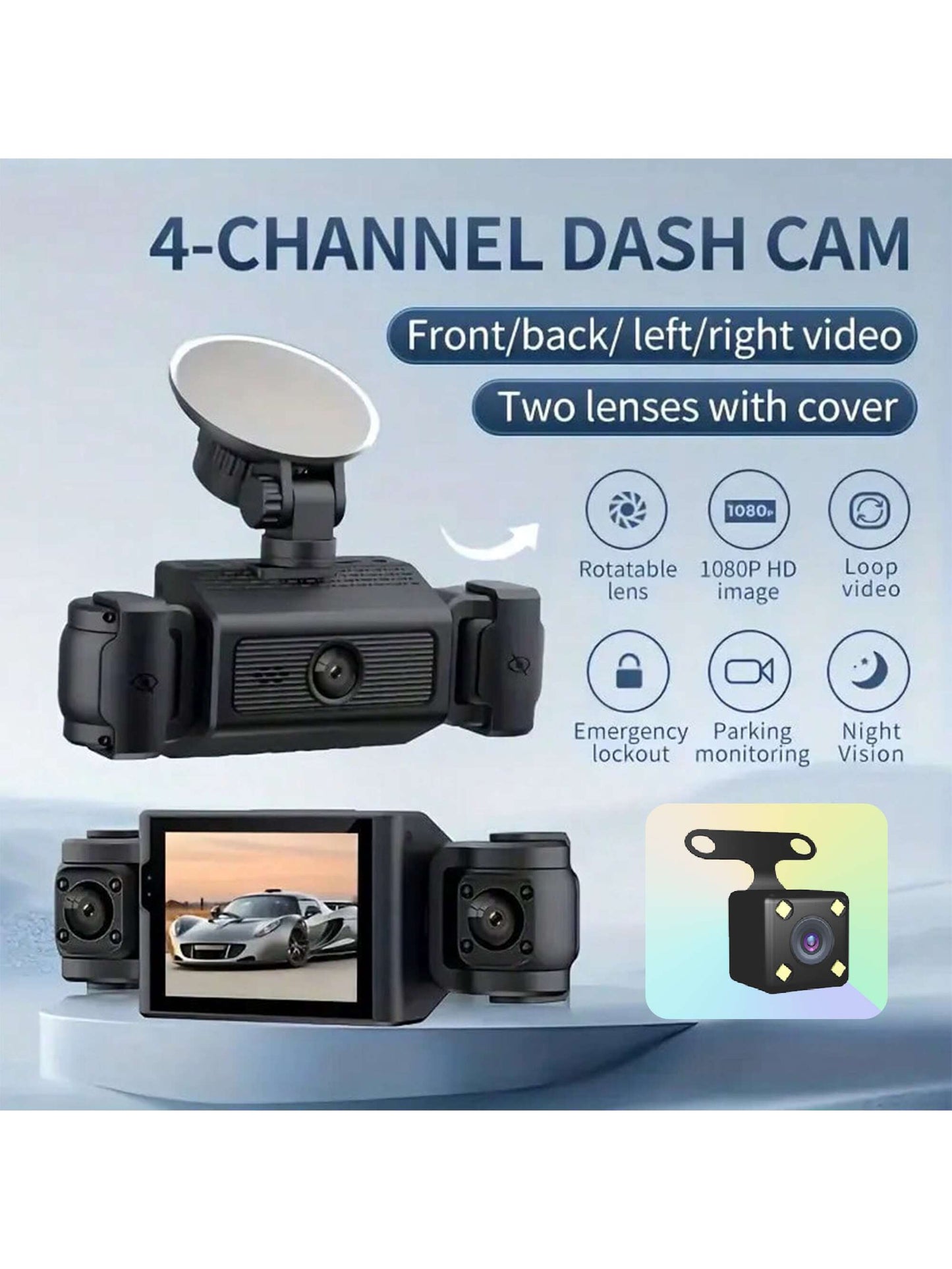 4 Channel 1080P Dash Cam With Night Vision, Adjustable Lens, Loop Recording, 24-Hour Parking Monitor, Car Plug Power Supply, 5V Operating Voltage, Non-Waterproof, Rechargeable Battery, Includes 64GB C