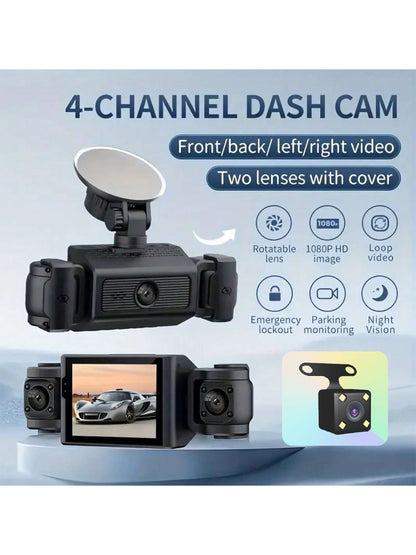 4 Channel 1080P Dash Cam With Night Vision, Adjustable Lens, Loop Recording, 24-Hour Parking Monitor, Car Plug Power Supply, 5V Operating Voltage, Non-Waterproof, Rechargeable Battery, Includes 64GB C