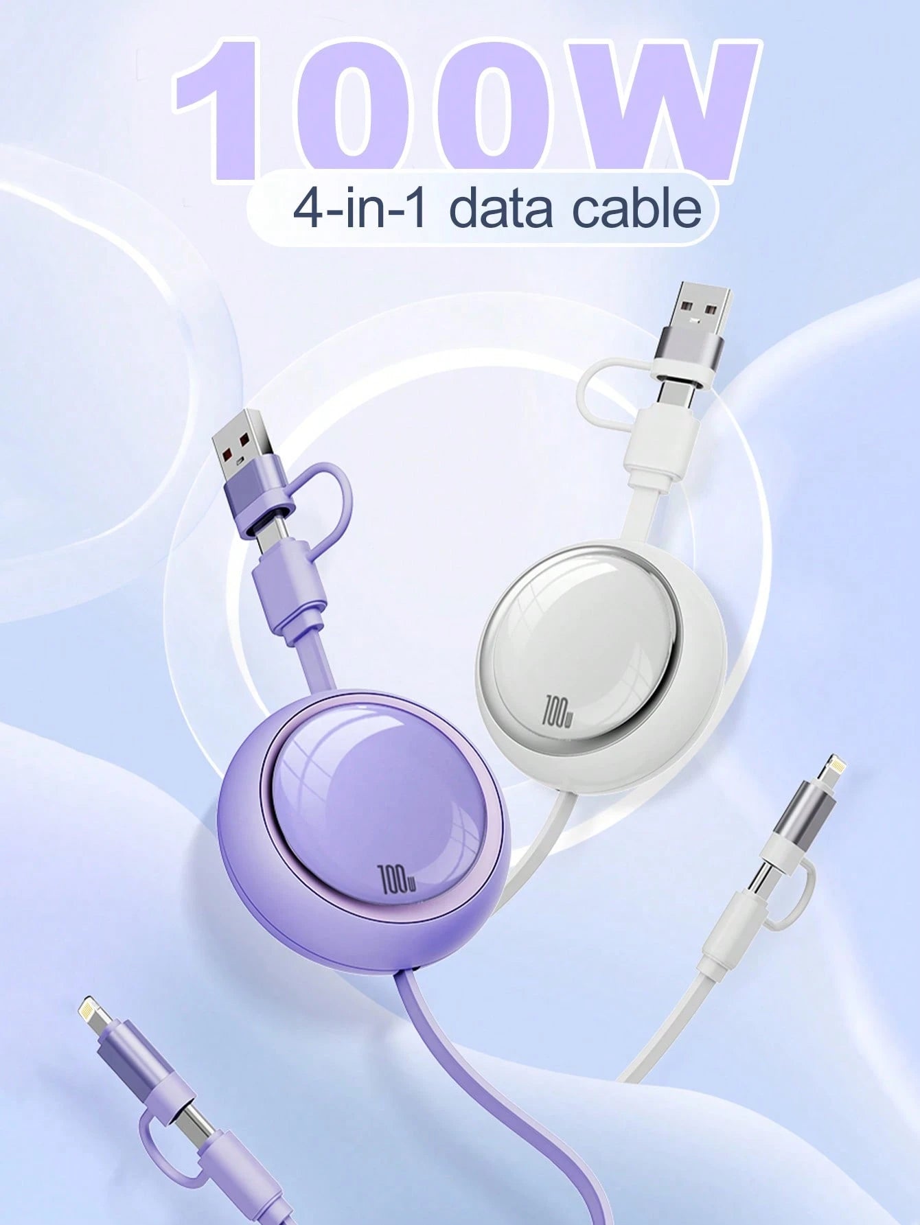 4-In-1 100W(MAX) Fast Charging Charger Cable & Retractable One Tow Three Cable, TPE Charging Data Line Compatible With Iphone16/15/14/13/12/11/ S24/S23/S22/S21/Vivo/OPPO Series, Compatible With Xiaomi