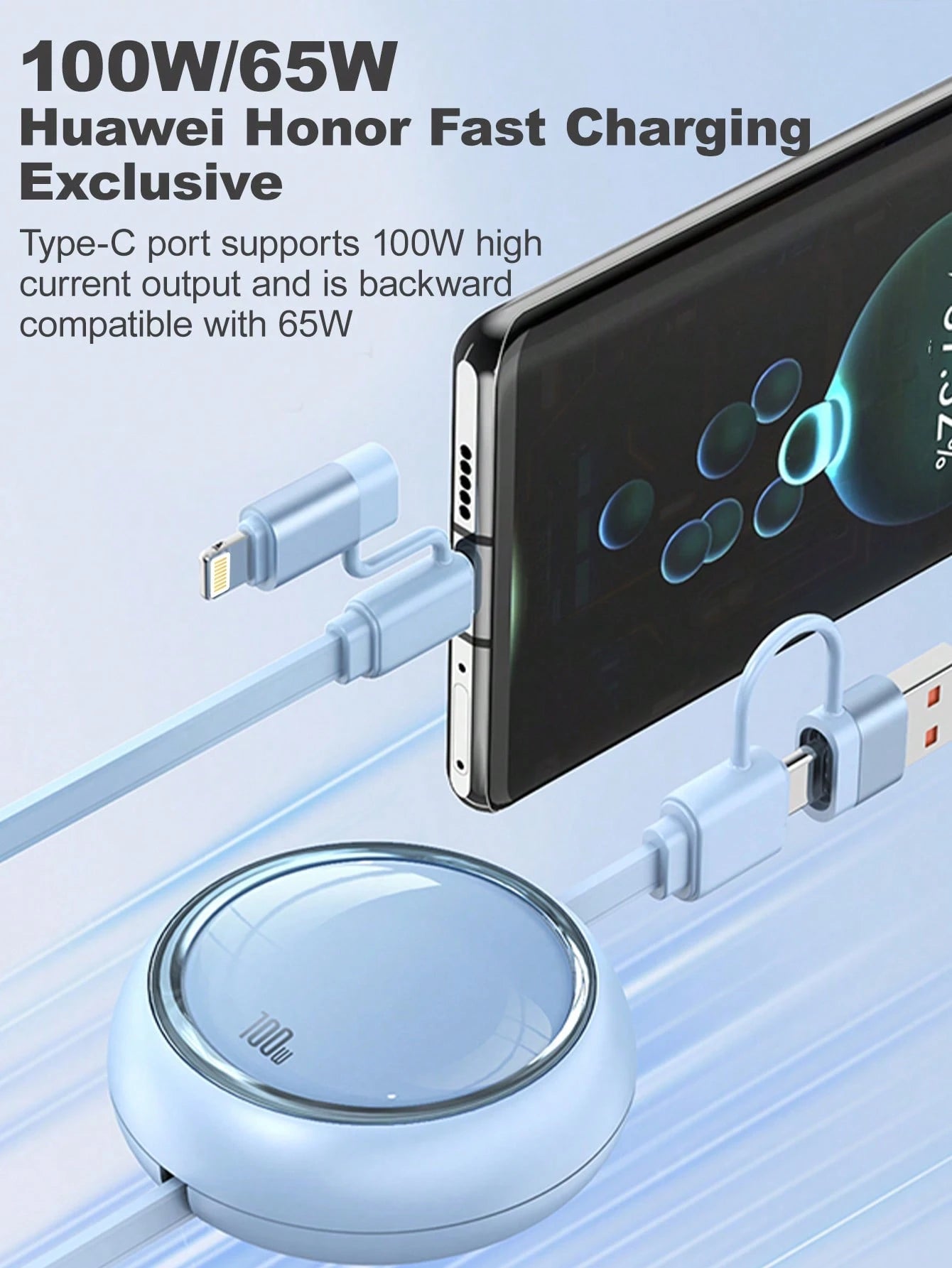 4-In-1 100W(MAX) Fast Charging Charger Cable & Retractable One Tow Three Cable, TPE Charging Data Line Compatible With Iphone16/15/14/13/12/11/ S24/S23/S22/S21/Vivo/OPPO Series, Compatible With Xiaomi