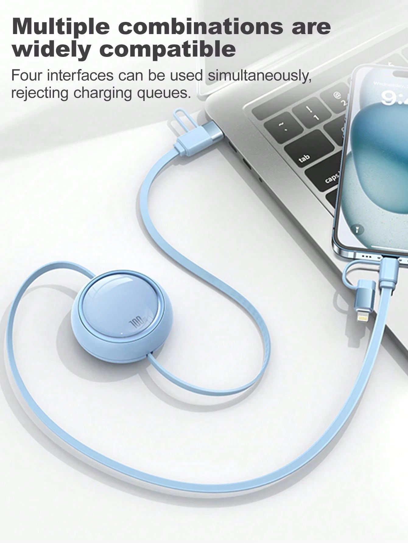 4-In-1 100W(MAX) Fast Charging Charger Cable & Retractable One Tow Three Cable, TPE Charging Data Line Compatible With Iphone16/15/14/13/12/11/ S24/S23/S22/S21/Vivo/OPPO Series, Compatible With Xiaomi