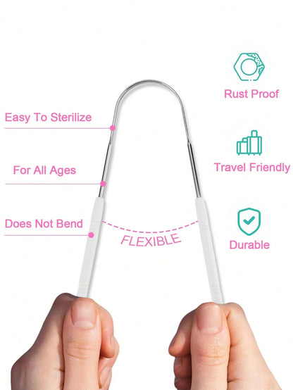 4-Piece Stainless Steel Tongue Scrapers, Rust-Resistant And Durable, Effectively Clean Tongue Coating And Remove Bad Breath, Metal Tongue Cleaner Portable, Suitable For Adult And Children Daily Home O