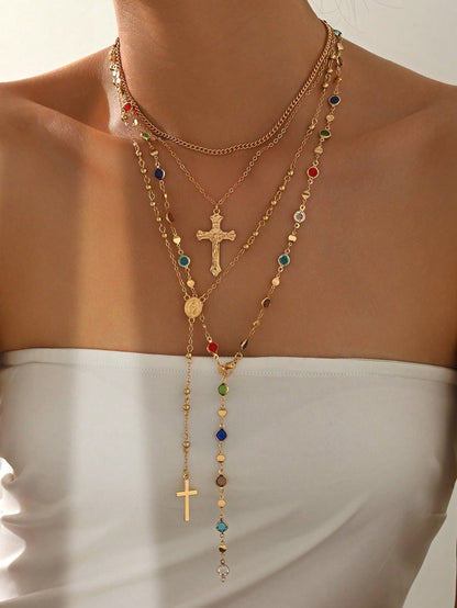 4 Piece Vintage Metal Cross Pendant Necklace Set Women's Multi Layer Stacked Jewelry For Daily Wear Travel Music Festival And Special Occasions