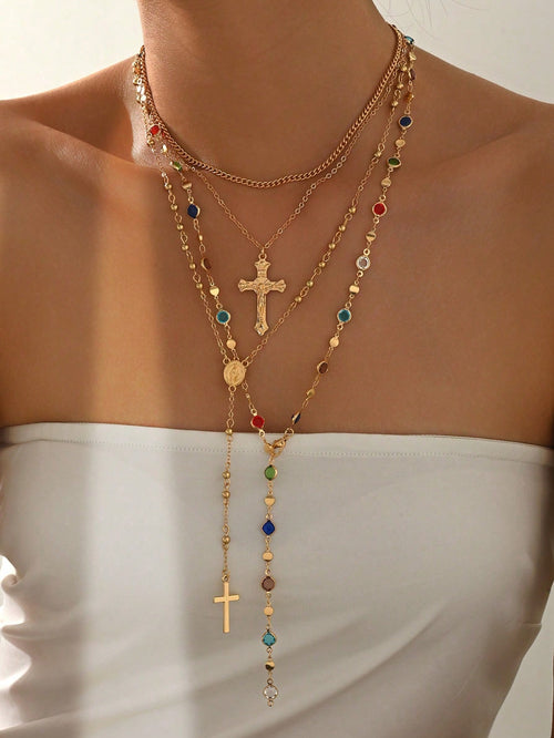 4 Piece Vintage Metal Cross Pendant Necklace Set Women's Multi Layer Stacked Jewelry For Daily Wear Travel Music Festival And Special Occasions